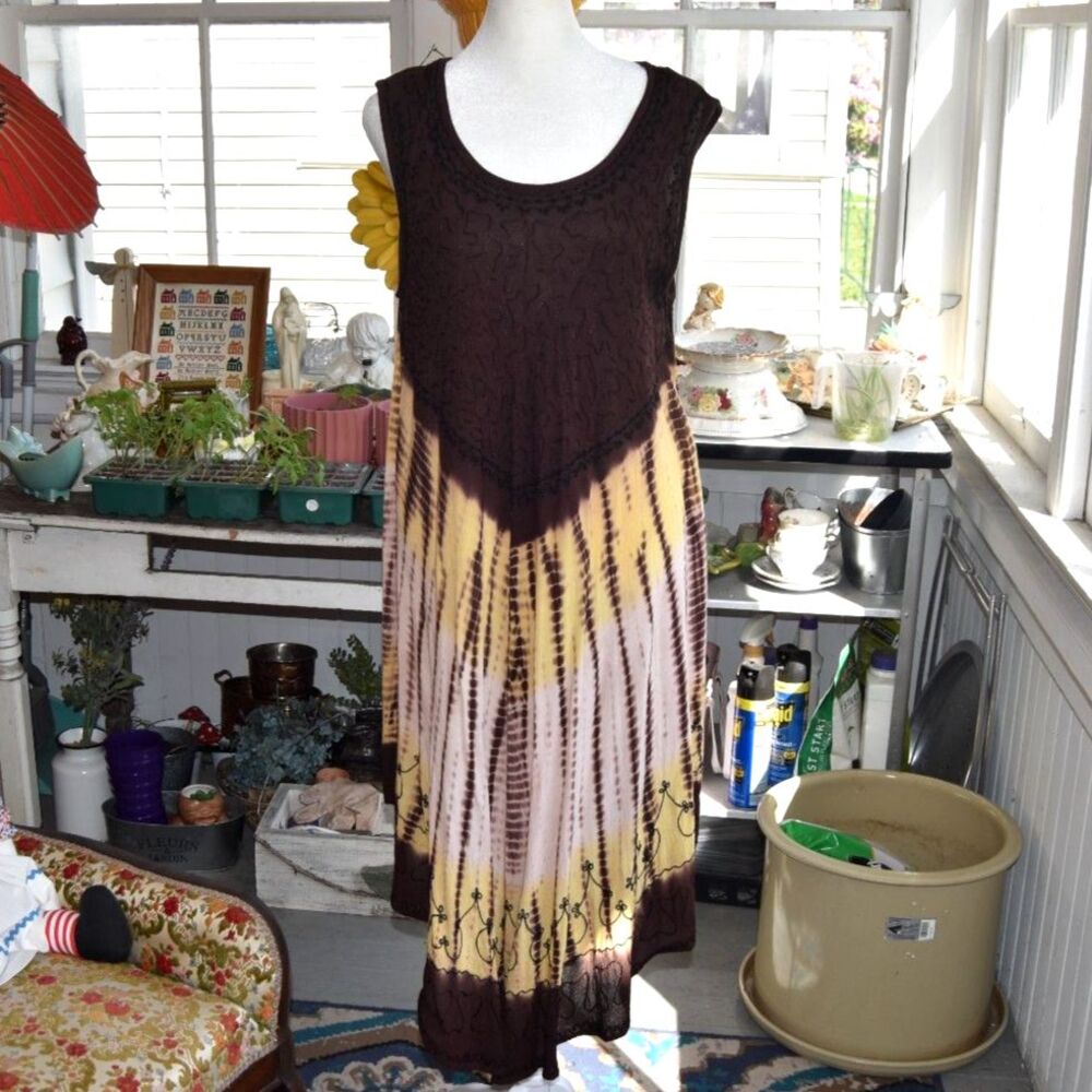 Y2K Rima Beachworld Boho Tie Dye Maxi Dress OSFA Brown Festival